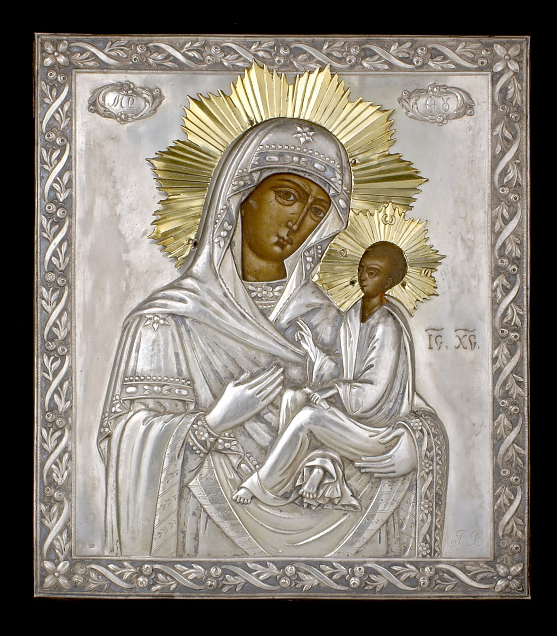 Ícone da Virgem Hodegetria (óleo sobre painel e prata) de Russian School