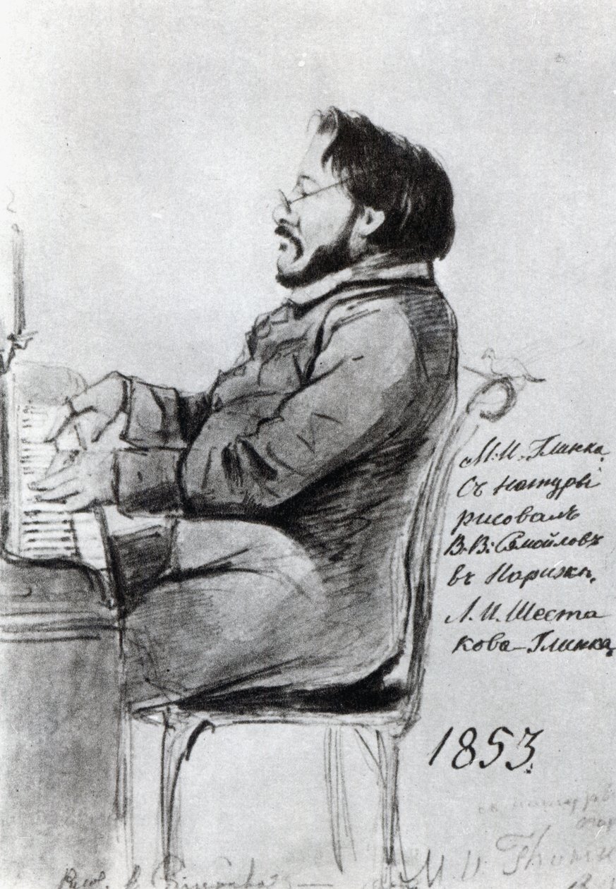 Mikhail Glinka, 1853 (caneta e tinta com papel) de Russian School