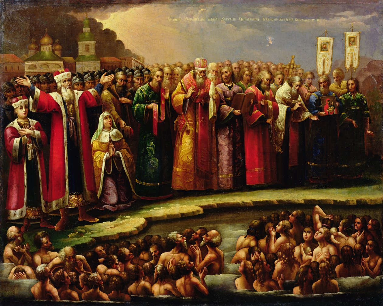 O batismo do povo Murom por Yaroslav de Murom em 1097 de Russian School