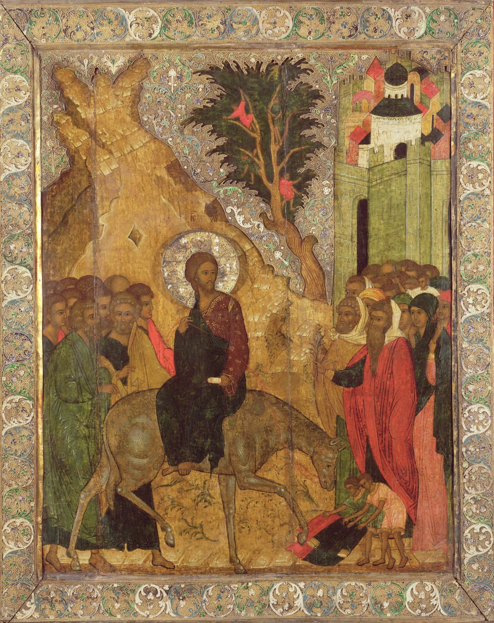 A entrada em Jerusalém, Escola de Moscou (tempera no painel) de Russian School