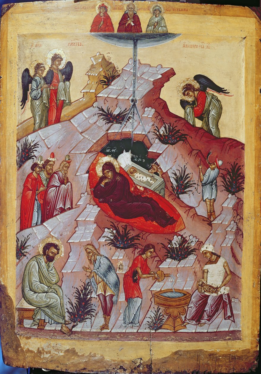 A Natividade, ícone russo, século 16 (tempera no painel) de Russian School