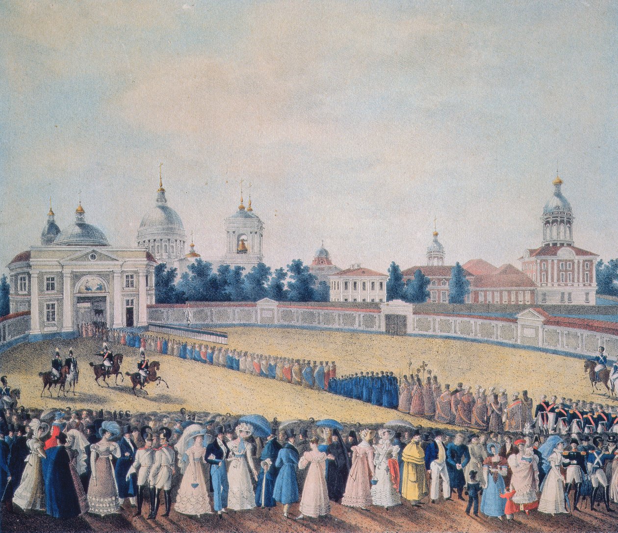 A visita de Alexandre I (1777-1825) ao Mosteiro de Alexander Nevsky, 1821 de Russian School