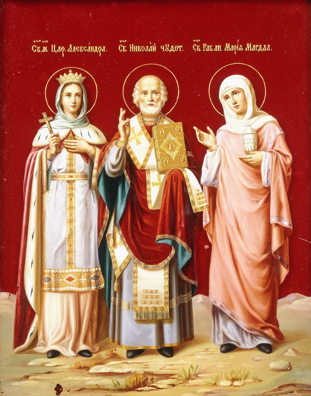Um ícone pintado em vidro representando São Nicolau, Santa Alexandra e Maria Madalena, c.1900 de Russian School