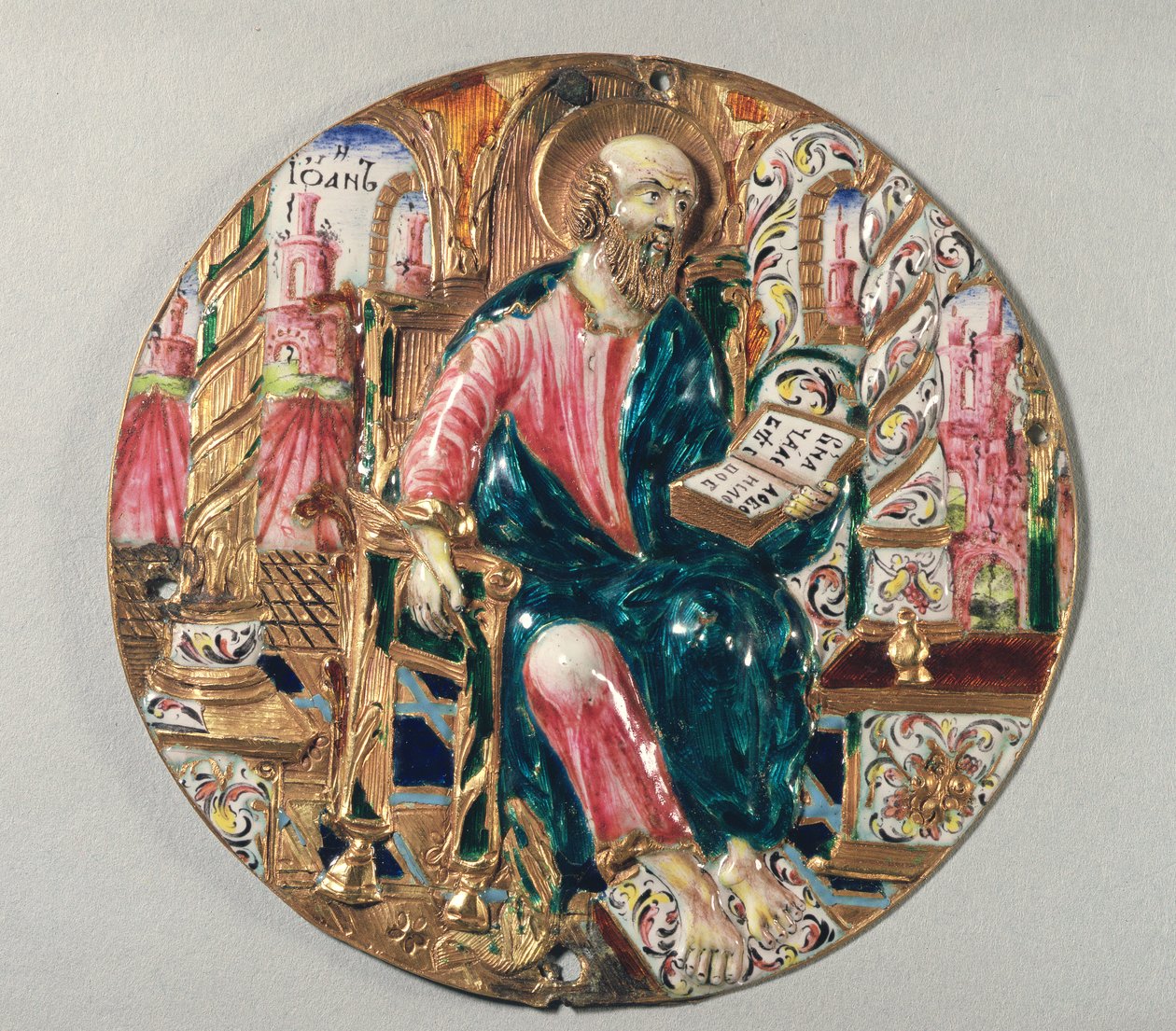 Placa dourada e esmalte mostrando São João Evangelista, oficina do Kremlin de Moscou, século XVII (ouro e esmalte) de Russian School