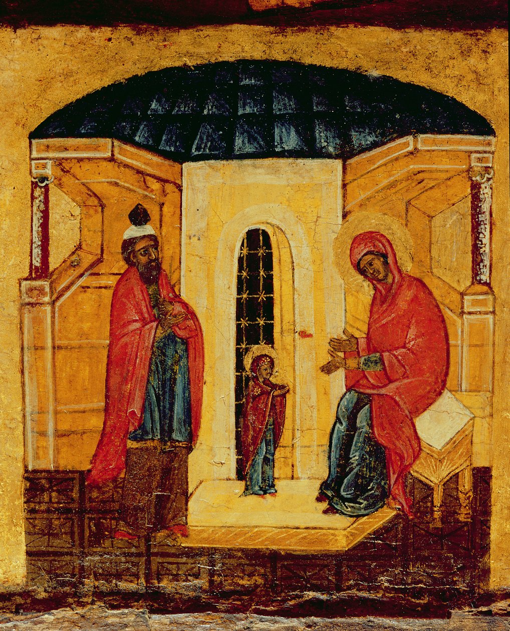 Ícone representando Jesus no templo, c.1550 (têmpera e folha de ouro no painel) (detalhe de 314500) de Russian School