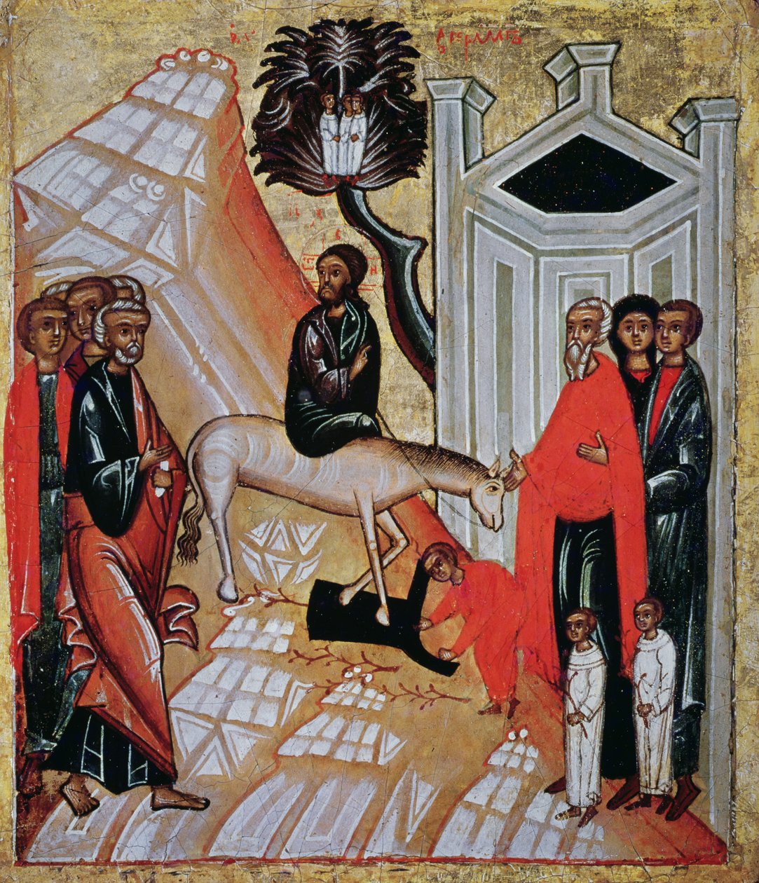 Ícone representando a entrada de Cristo em Jerusalém, a escola de Novgorod de Russian School