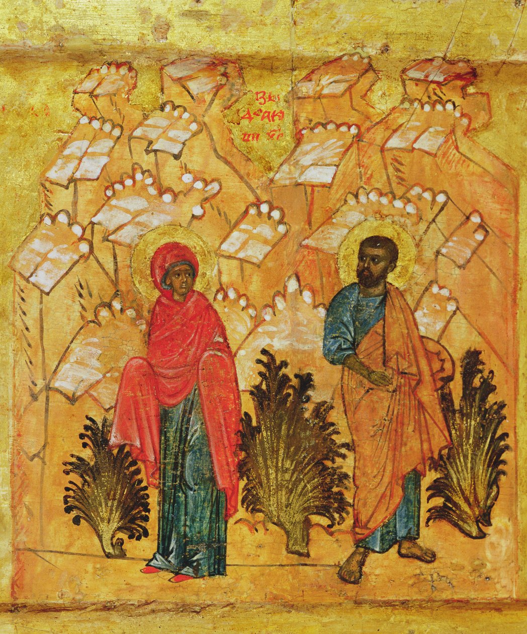 Ícone representando a Virgem Maria e José, c.1550 (tempera e folha de ouro no painel) (detalhe de 314500) de Russian School