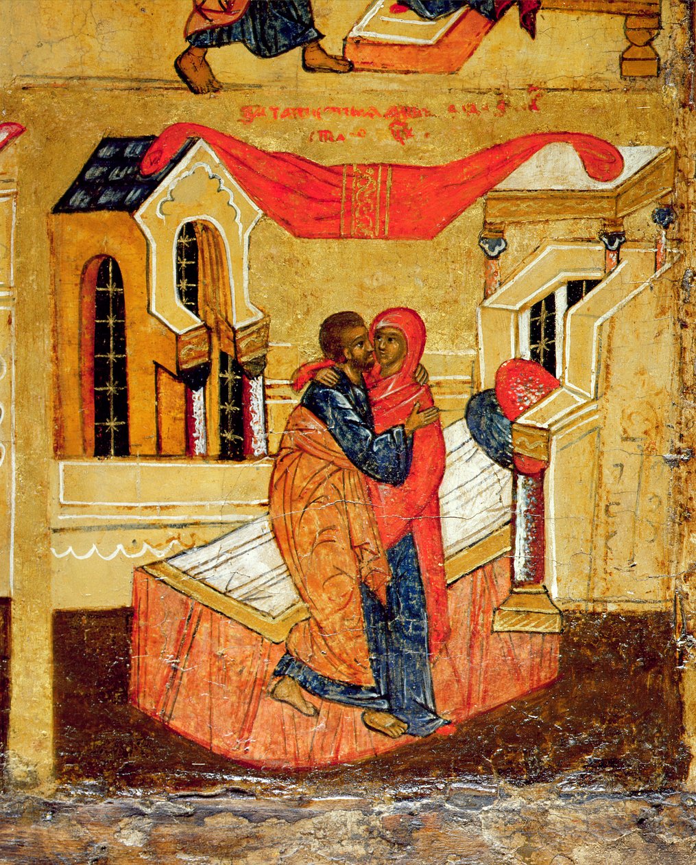 Ícone representando a reunião no Portão Dourado, c.1550 (têmpera e folha de ouro no painel) (detalhe de 314500) de Russian School