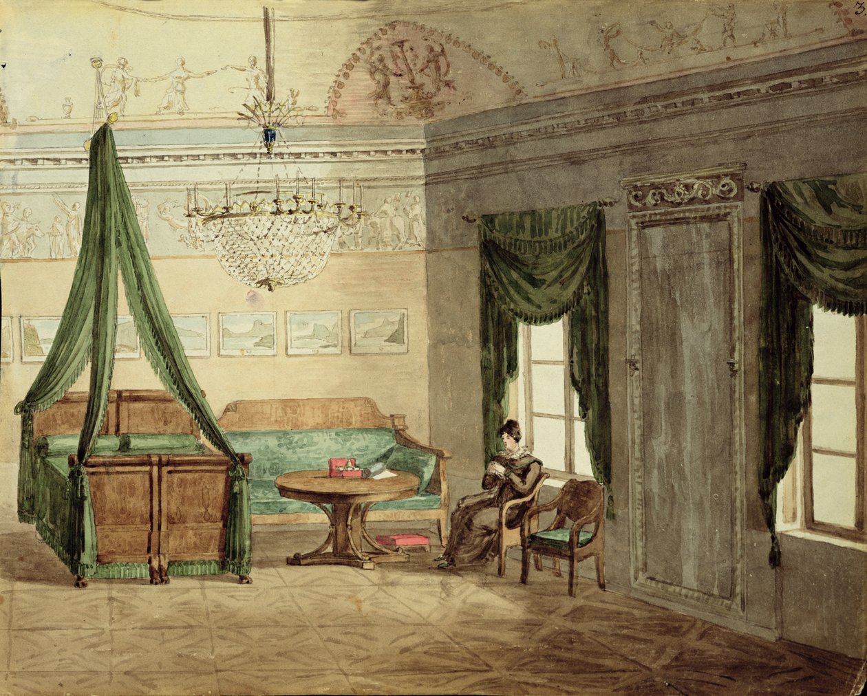 Quarto de dormir neoclássico, 1819 (wc on paper) de Russian School