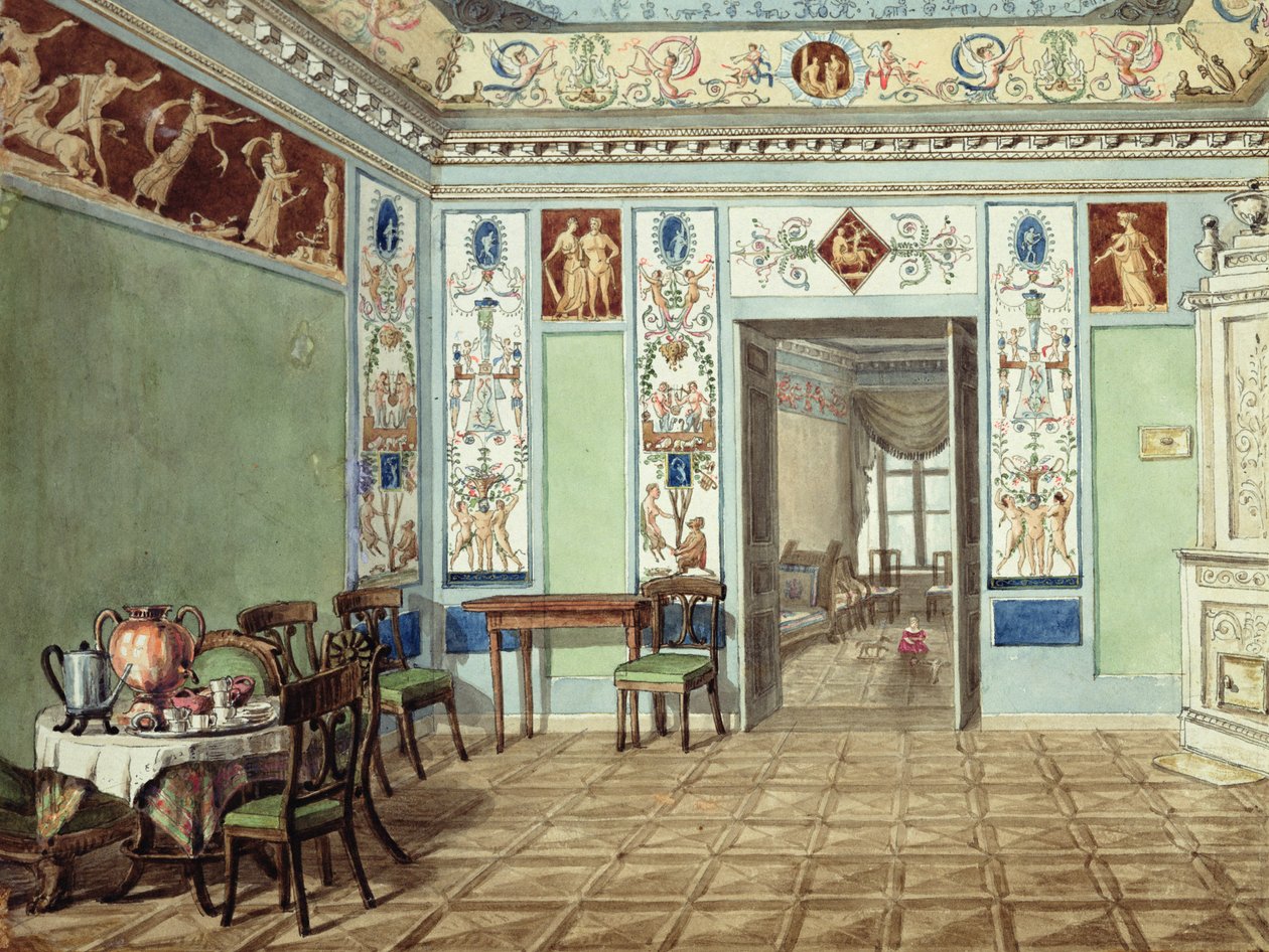Quarto de café da manhã neoclássico etrusco, 1820 (wc on paper) de Russian School