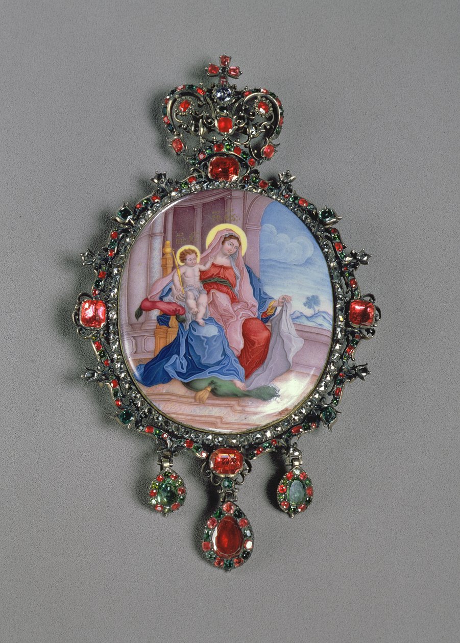 Panagia com miniatura de Madonna e Child (esmalte pintado e prata em relevo cravejado de jóias) de Russian School