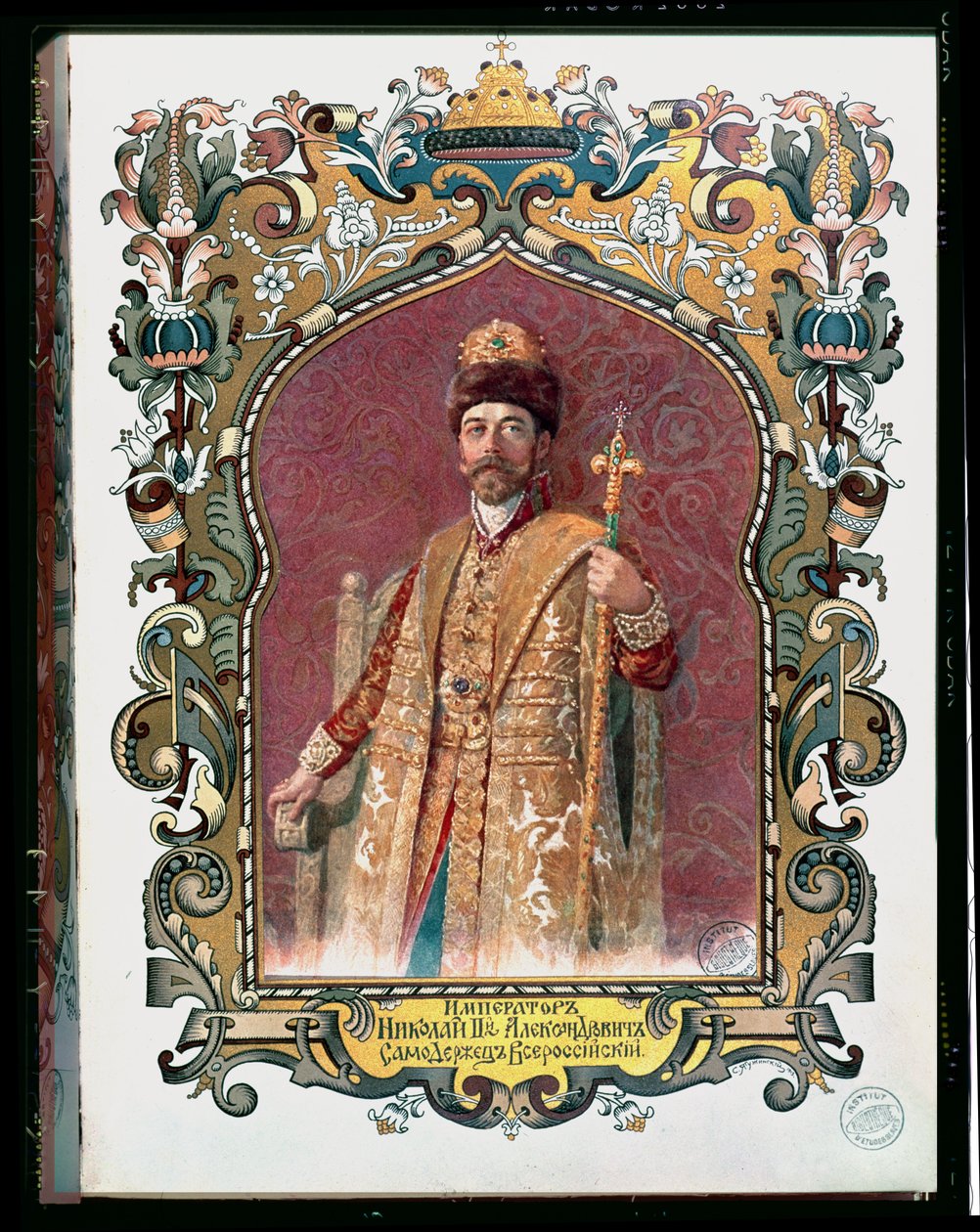 Retrato do czar Nicolau II (1868-1918) em vestido tradicional de coroação, c.1894 (ver também 173574) de Russian School