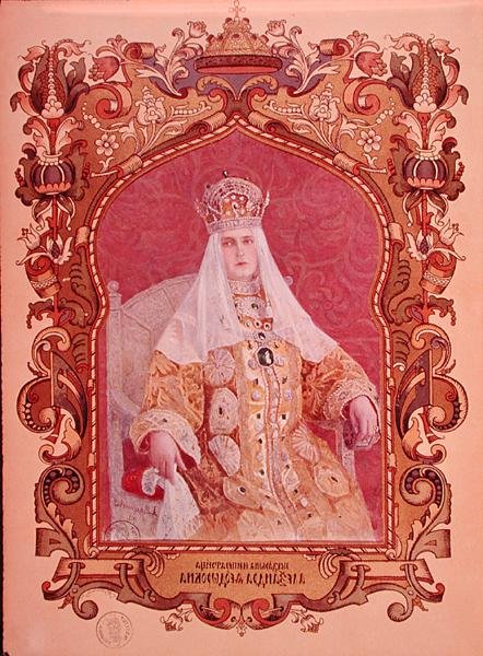 Retrato da Czarina Alexandra Feodorovna (1872-1918) em vestido tradicional de coroação, c.1894 (ver também 173581) de Russian School
