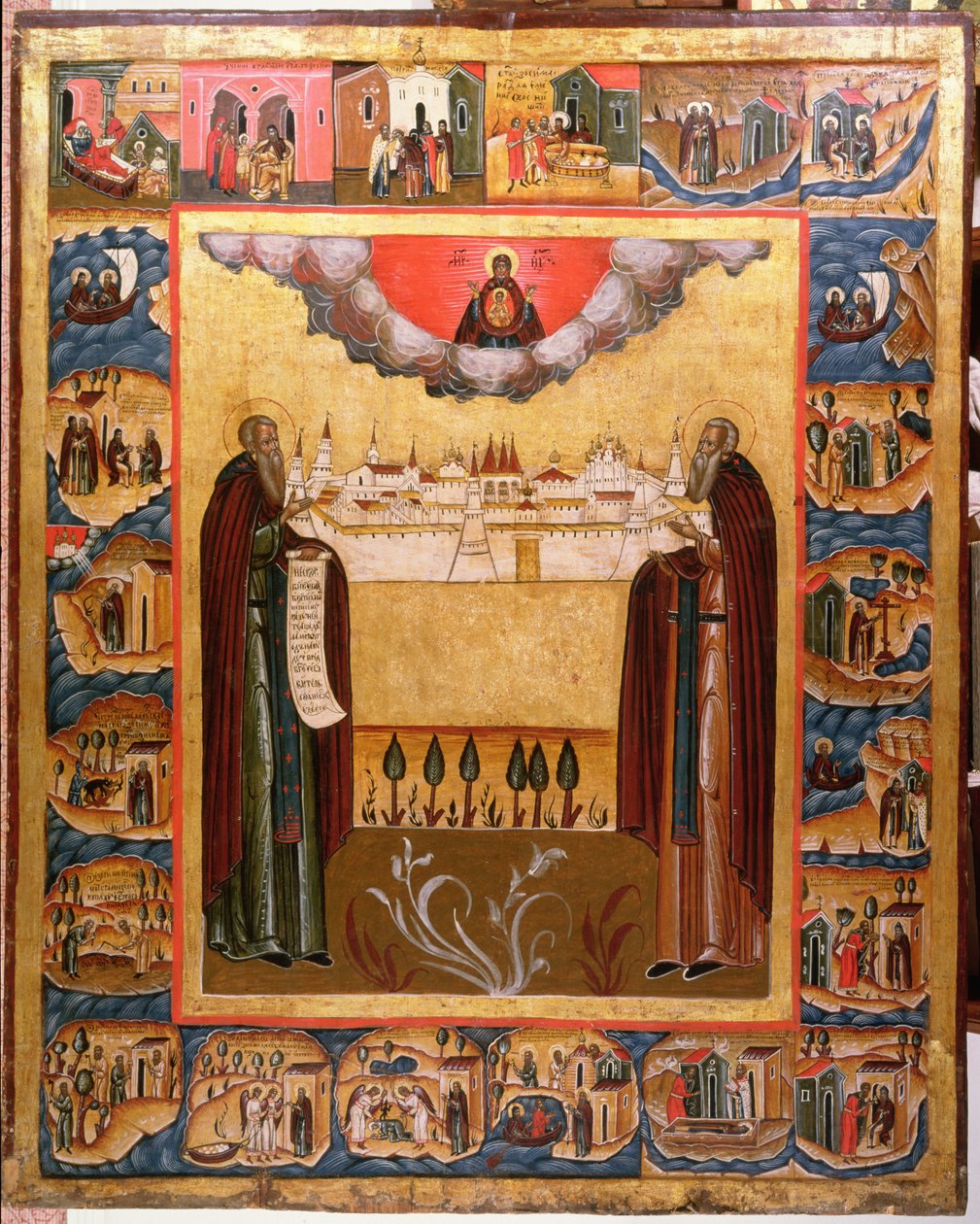 Santos Zósimo e Sabbatheus de Solovetsk com cenas de suas vidas, século XVIII (têmpera no painel) de Russian School