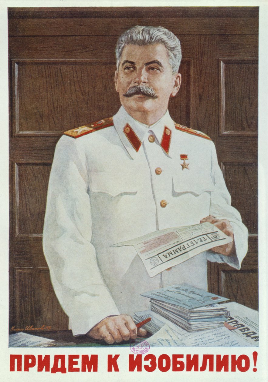 Cartaz soviético de Stalin lendo um telegrama, 1949 de Russian School