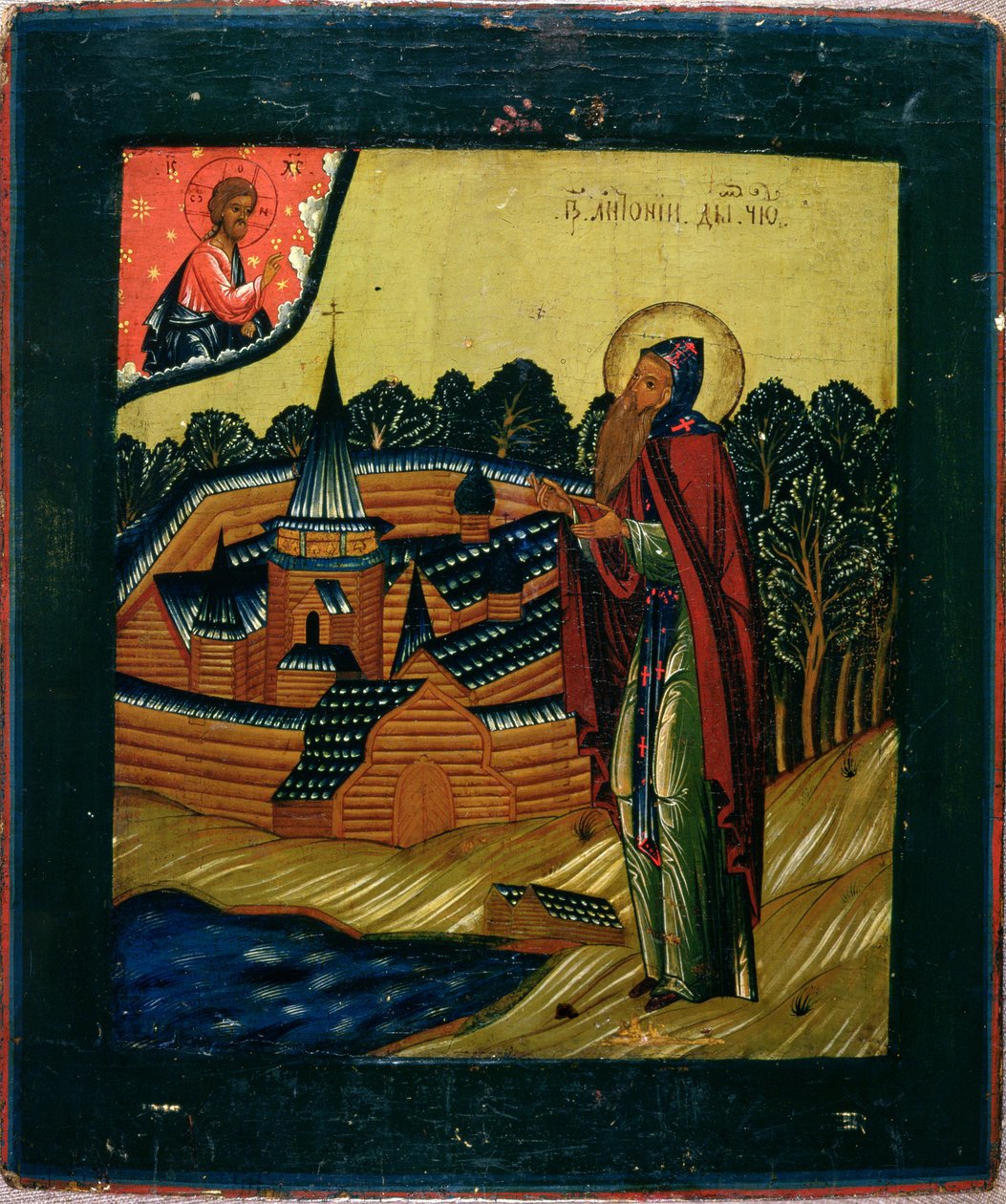 St. Antony of Dym, final do século 17 (tempera no painel) de Russian School