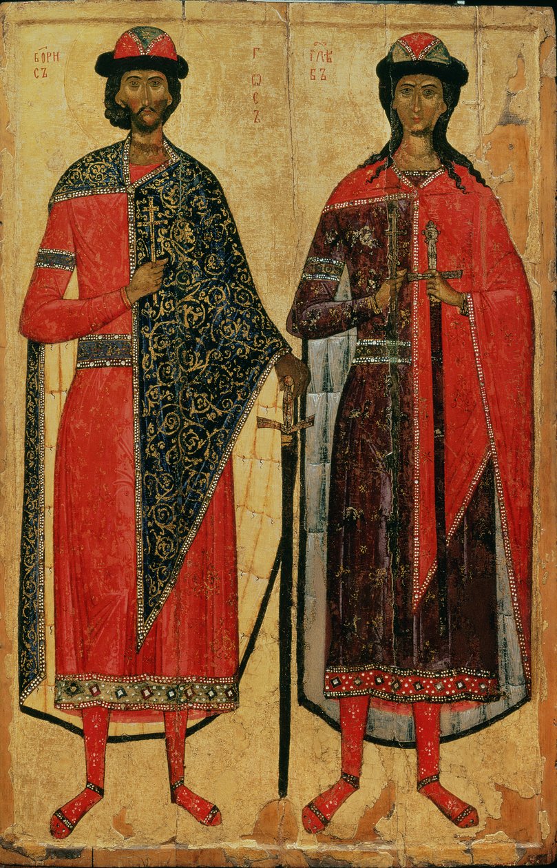 St. Boris e St. Gleb, ícone russo, escola de Moscou, século XIV (têmpera no painel) de Russian School