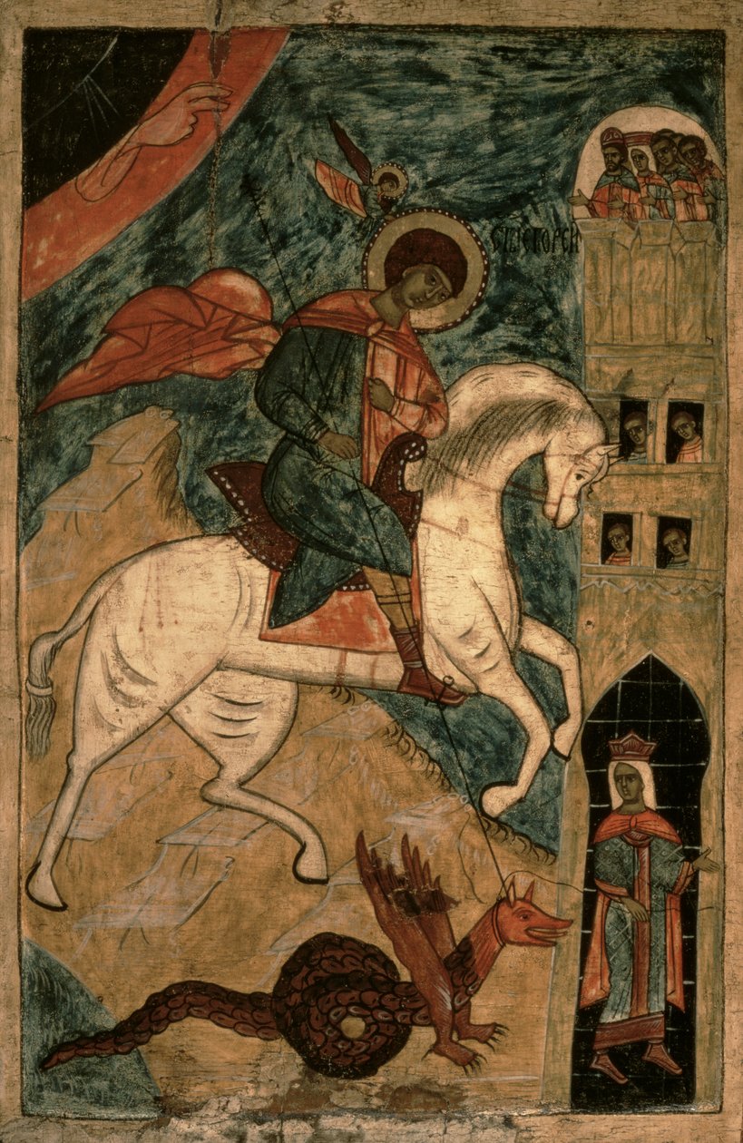 São Jorge e o Dragão, ícone russo de Vologda, século XV (têmpera no painel) de Russian School