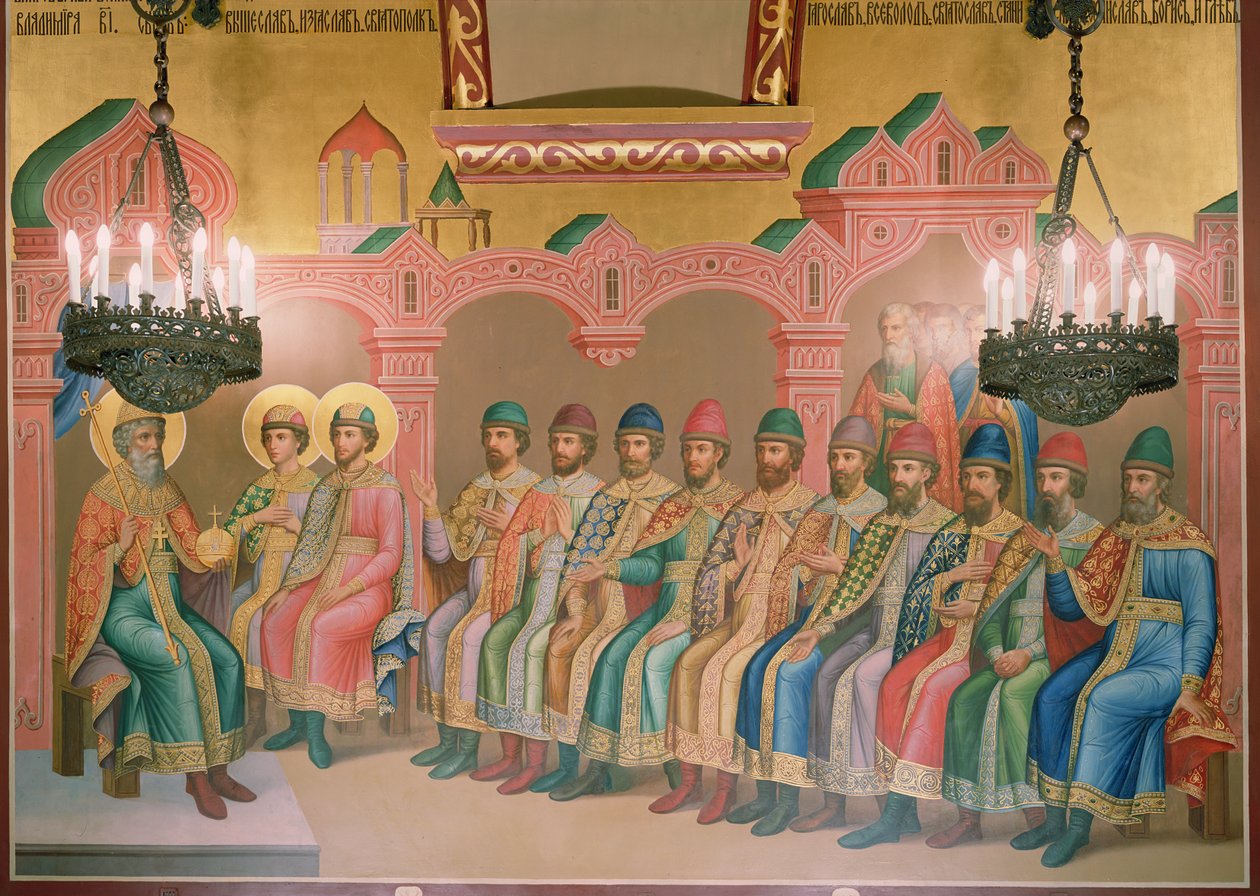 São Vladimir, Grão-Duque de Kiev e seus Filhos, pintura mural de mestres Palekh na Câmara Facetada, 1882 (mural) de Russian School