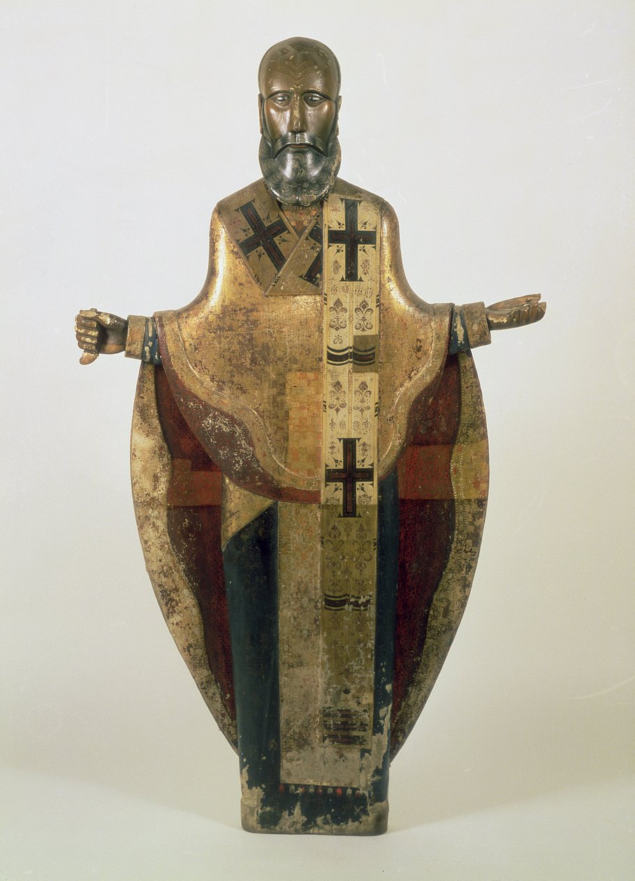 Estátua, de, st. Nicholas, de, Mozhaisk, russo, tarde, 16º século, (wood, ornamented, brocado, gesso, tempera) de Russian School