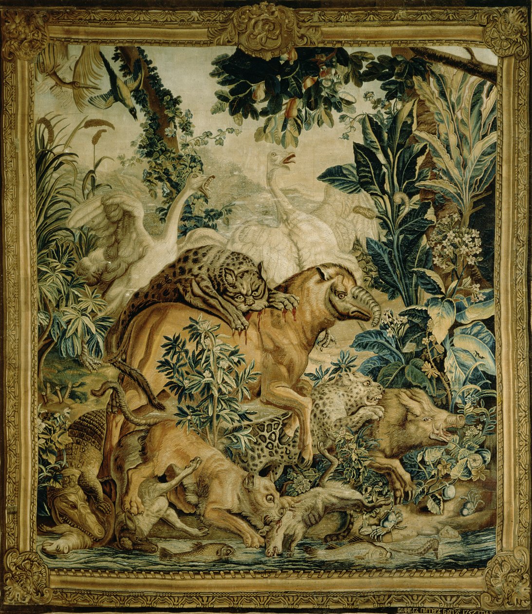 Tapeçaria representando feras selvagens lutando em um buraco de água, cópia da série de tapete indiano projetada por D. Deport, 1757 e feita pela fábrica de tapeçaria de São Petersburgo (têxtil) de Russian School