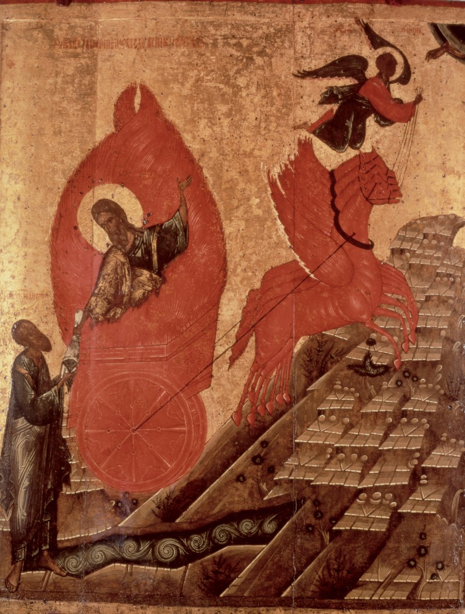 A Ascensão de Elias, ícone, Escola Pskov, c.1650 (têmpera no painel) de Russian School