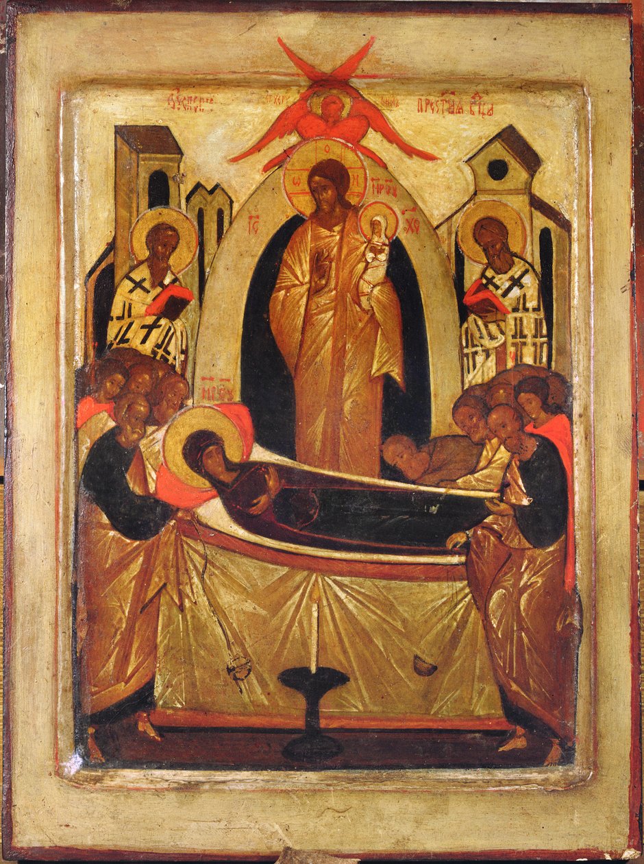 A Dormição da Virgem (tempera e folha de ouro no painel) de Russian School