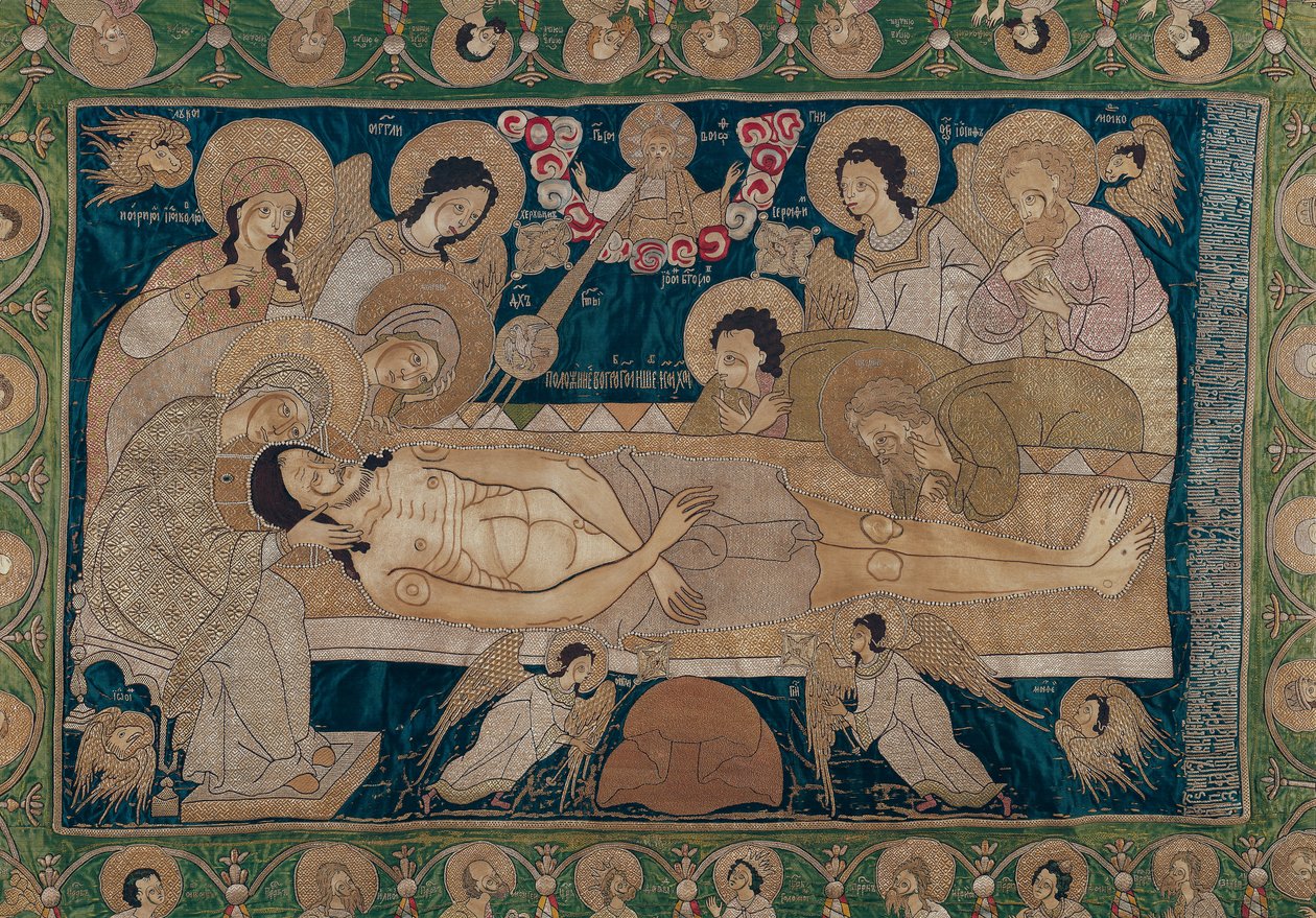 O Entombment, Escola de Moscou, 1678 (seda bordada) de Russian School
