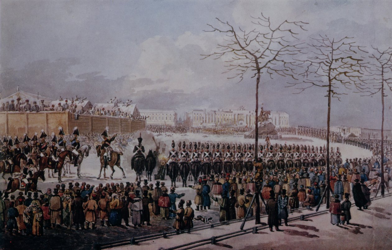 A insurreição dos dezembristas na Praça do Senado, São Petersburgo, em 14 de dezembro de 1825 (wc no papel) de Russian School
