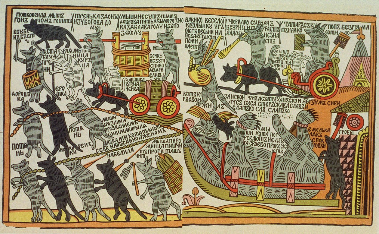 Os ratos enterram o gato, russo, final do século XVIII (impressão em xilogravura) de Russian School