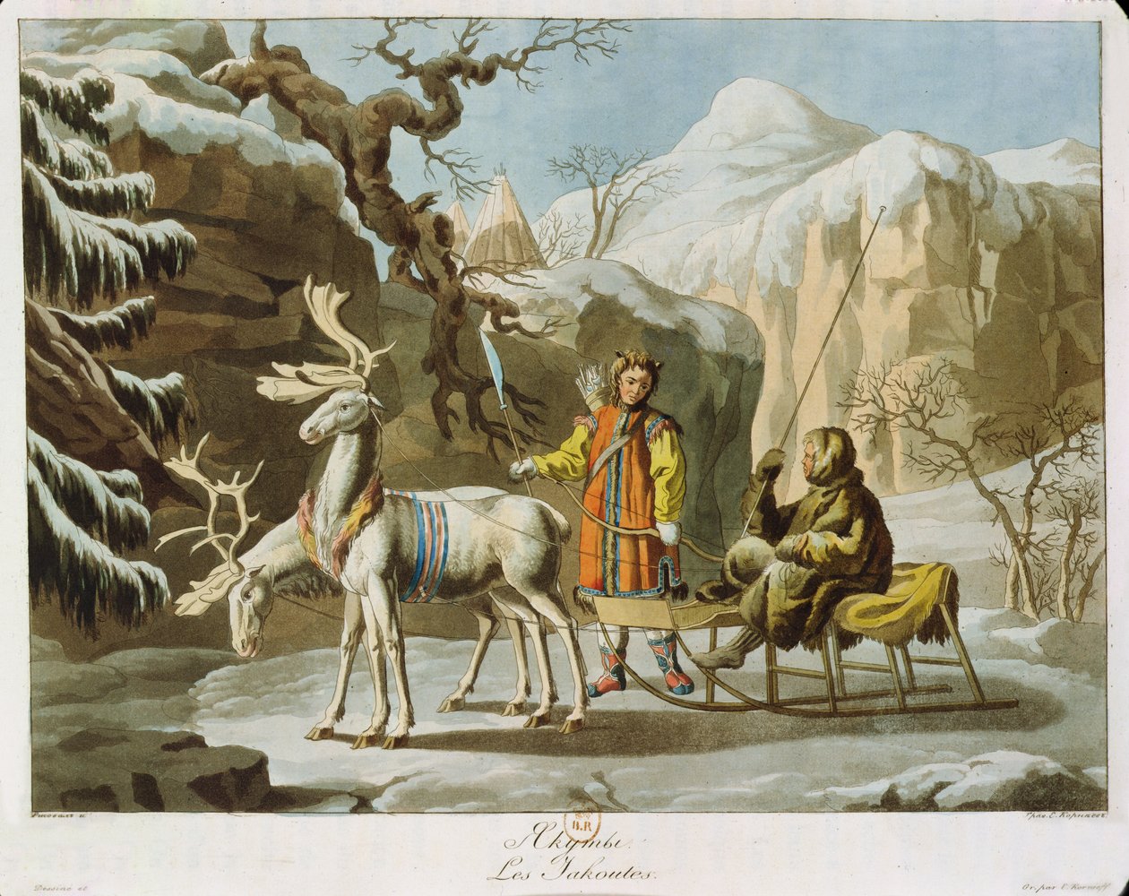 Yakuts da Sibéria central na paisagem de inverno, vestidos com peles e com um trenó de renas, publicado em 1813 (aquatint) de Russian School