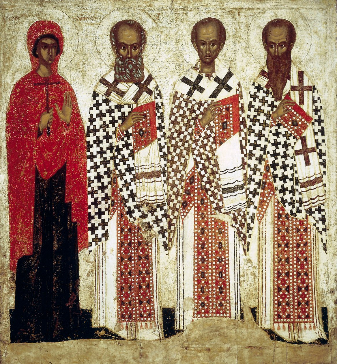 Paraskeva Pyatnitsa, Gregório, o Teólogo, João Crisóstomo e Basílio, o Grande, início do século XV de Russian icon.