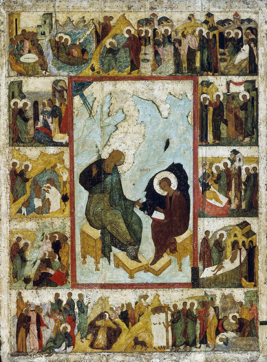 São João Evangelista em Patmos com cenas de sua vida, início do século XVI. de Russian icon.