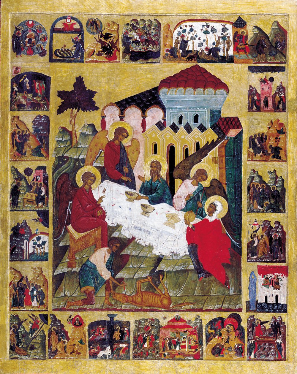 A Trindade do Antigo Testamento com cenas de Gênesis, c1580. de Russian icon.
