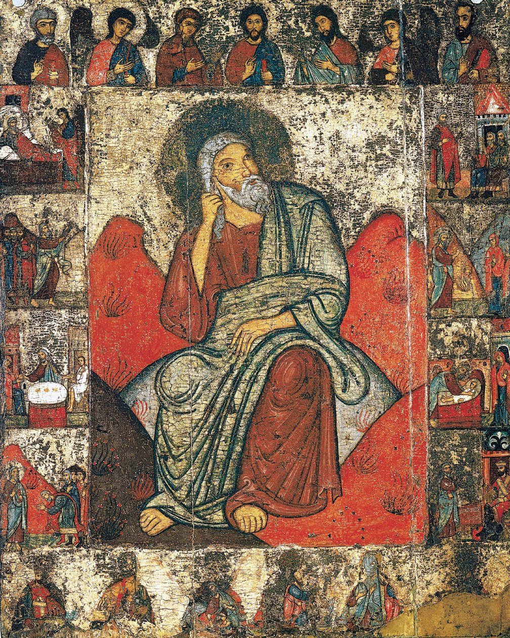 O profeta Elias no deserto com cenas de sua vida e Deesis, 13- primeiro terço de 14 de Russian icon.