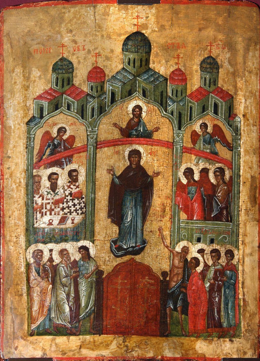 A Proteção da Mãe de Deus Pokrov, início do século XV. de Russian icon.