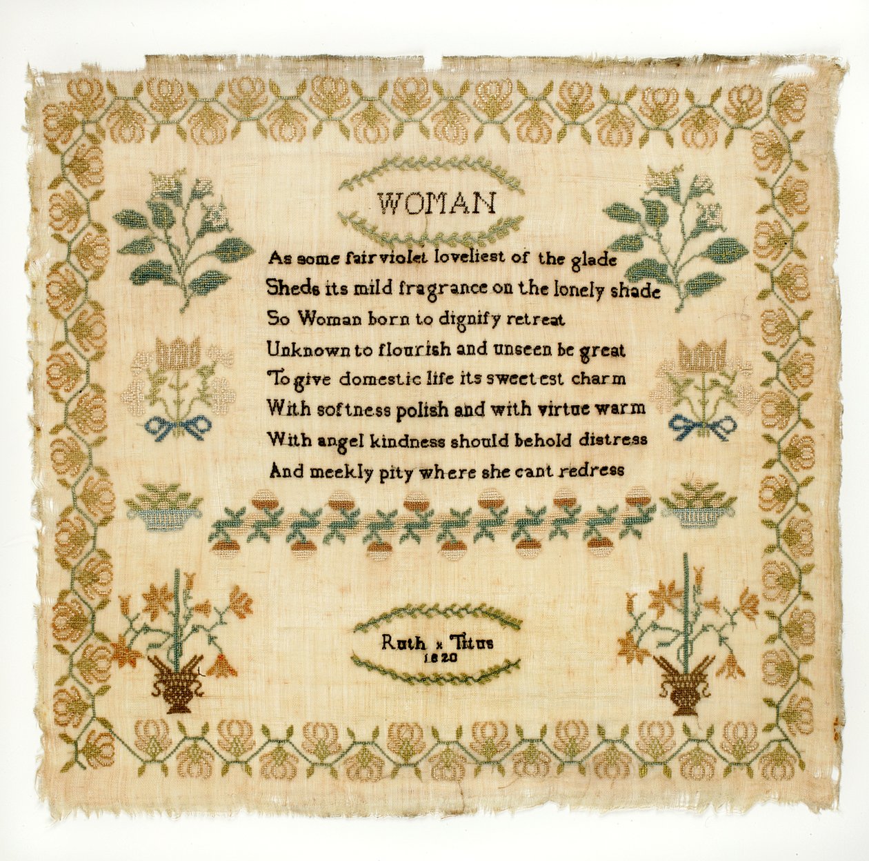 Amostrador verso, 1820 (seda no linho) de Ruth Titus