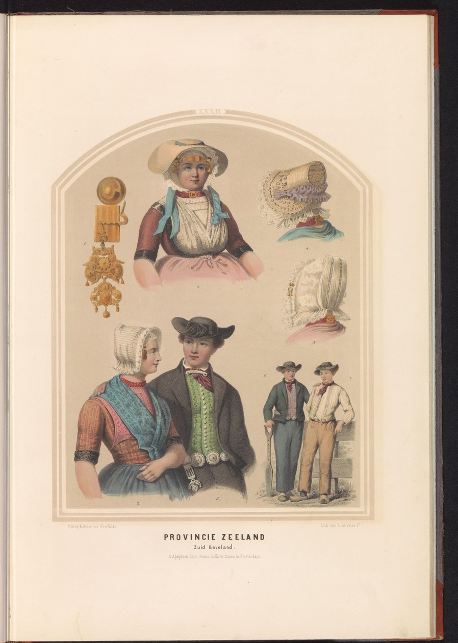 Traje tradicional da ilha de Zuid-Beveland em Zeeland, 1857 Província da Zelândia. South Beveland / XXXII (título no objeto) de Ruurt de Vries