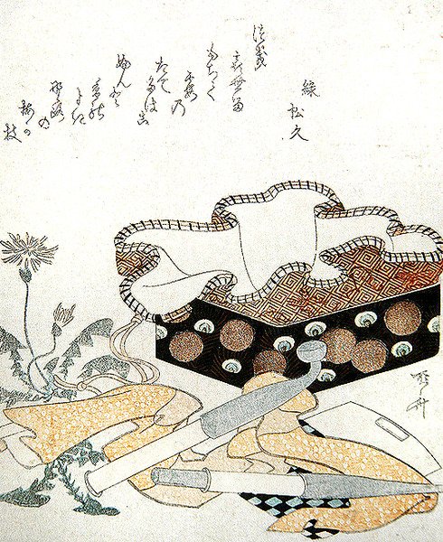 Tubos e dentes de leão (impressão em xilogravura a cores) de Ryuryukyo Shinsai