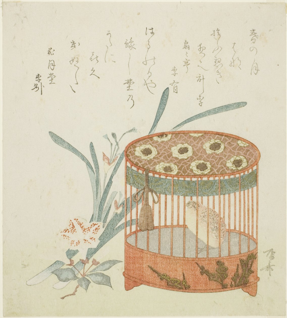 Gaiola de pássaros e flores de Ryuryukyo Shinsai