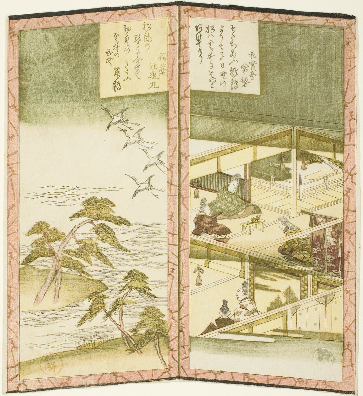 Interior do palácio e praia, de um hexáptico sem título representando um par de biombos de Ryuryukyo Shinsai