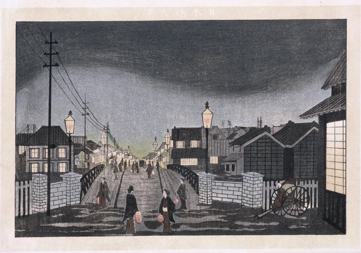 Night View, Nihonbashi (impressão em xilogravura colorida) de Ryuson Ogura