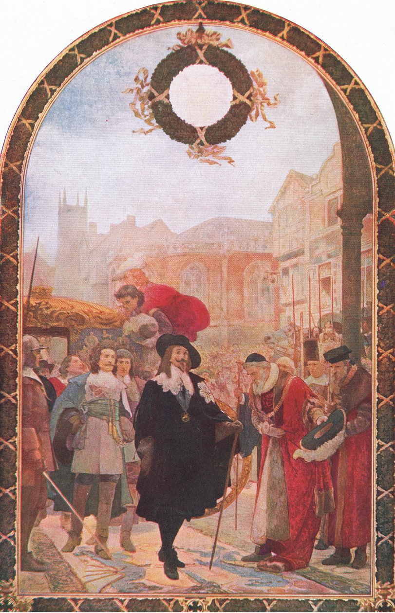 Charles eu exigindo os cinco membros no Guildhall 1641, ilustração de A História do Povo Britânico publicada por Waverley, c.1940 de S. J. Soloman