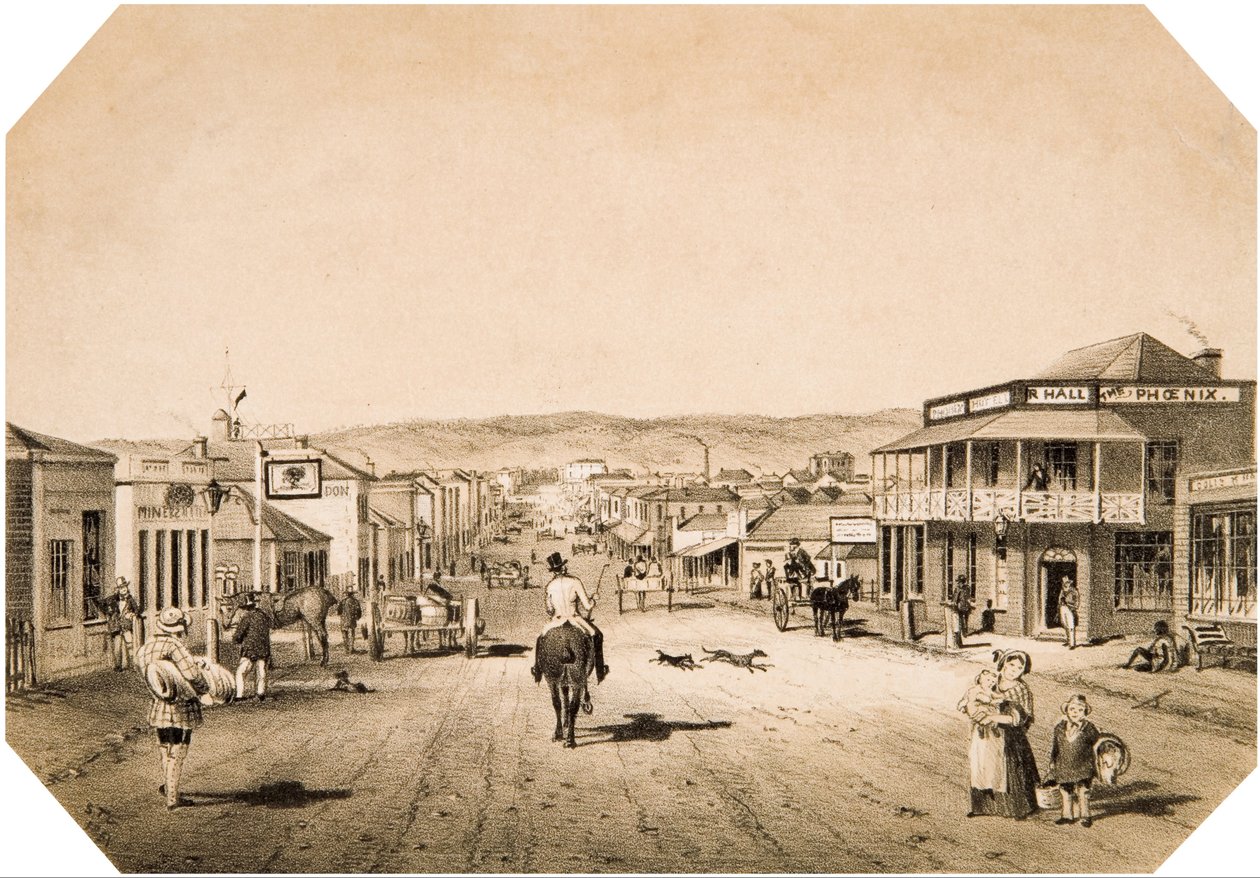 Vistas em Adelaide No. 2. Hindley Street olhando para o leste de S. T. Gill