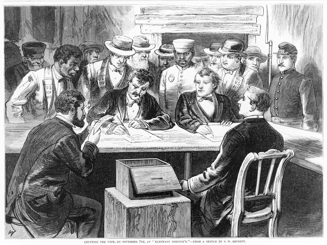 Contando o Voto, no dia 7 de novembro, no &39;Elephant Johnnie&39;s&39;, pub. 1876 de S. W. Bennett
