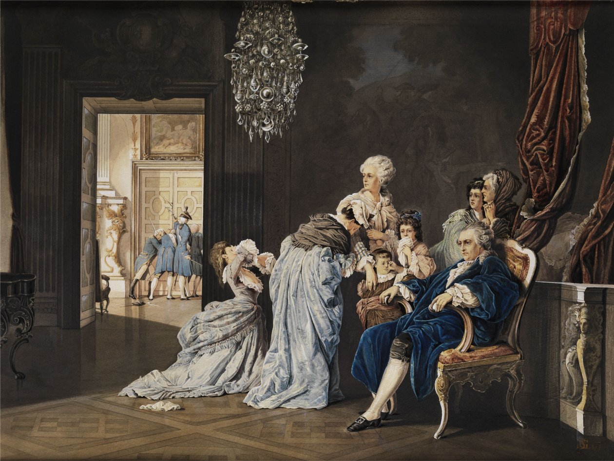 As últimas horas da família real francesa (Luís XVI e Maria Antonieta) no Louvre antes da invasão dos revolucionários. Pintura em aquarela/guache sobre papelão. 38x51cm. Monograma "SG" e datado "1877" inferior direito de „SG“