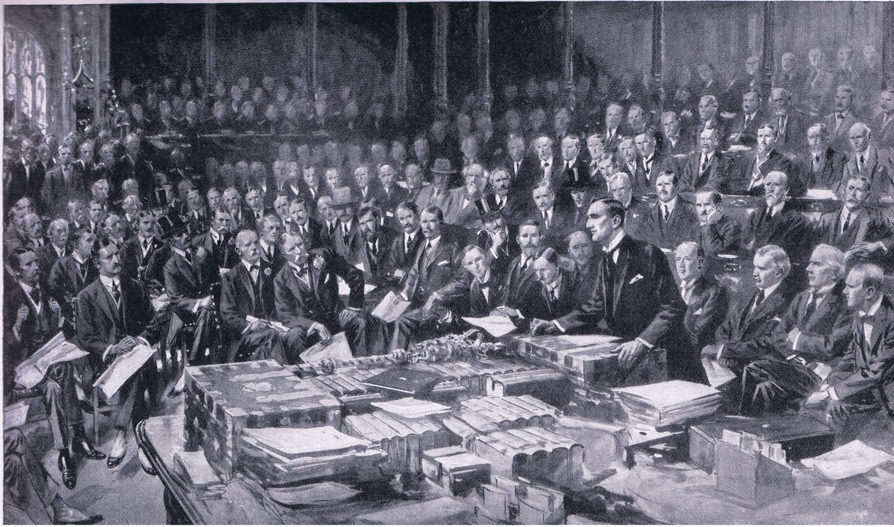 Um dos eventos mais importantes da história do Parlamento, em 3 de agosto de 1914, da revista Cassells History ofthe British People, publicado pela Waverley Book Company Limited, c.1940 de S. Begg