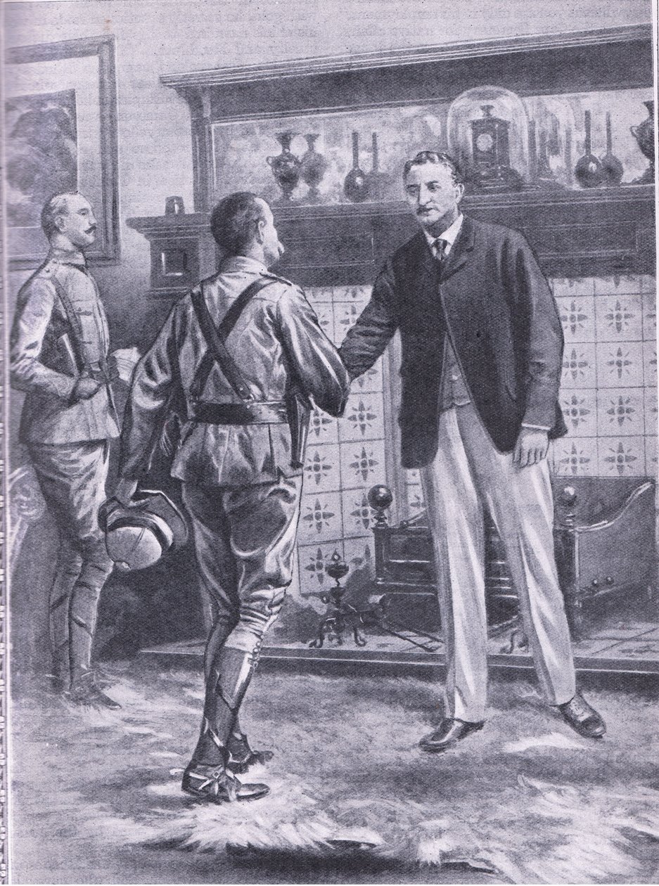 Quando Kimberley foi aliviado pelo francês. General francês e Cecil Rhodes, ilustração deCassells Romance of Famous Lives, c.1940 de S. Begg