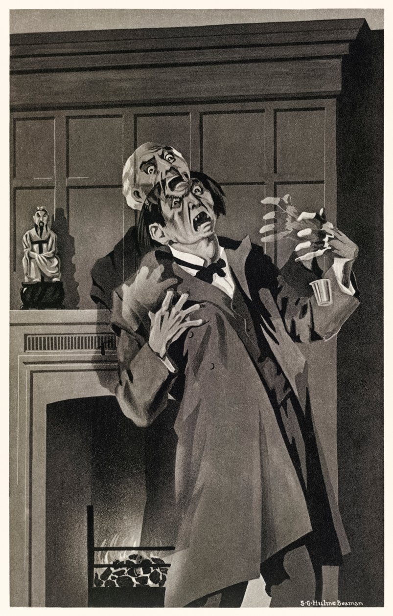As características pareciam derreter e alterar" do "Strange Case of Dr Jekyll and Mr Hyde" de Robert Louis Stevenson (1850-1894) Ilustração de S.G. Hulme Beam (1887-1932) para uma edição de 1930. de S. G. Hulme Beamam