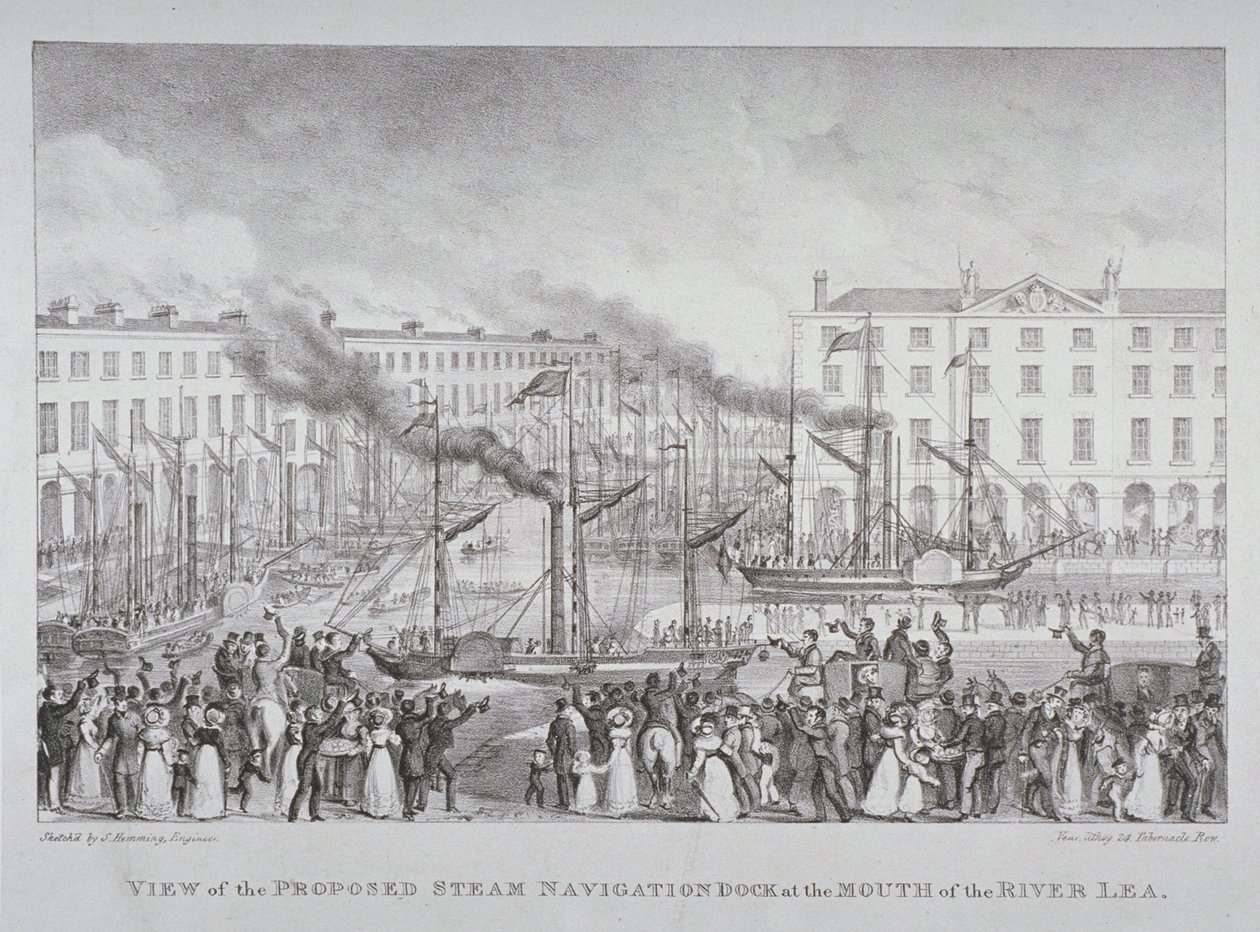 Vista da doca de navegação a vapor proposta na foz do rio Lea, c.1835 de S. Hemming